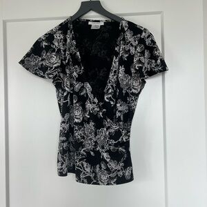 Floral Black and White Wrap Top